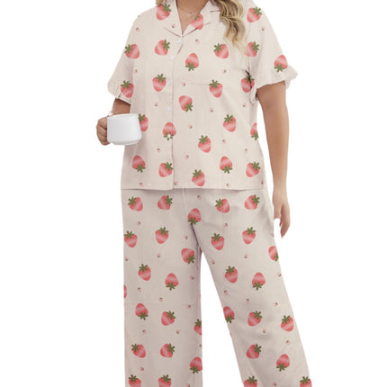 Cross-border Foreign Trade Special for Women's Pajamas Spring and Summer Fresh Strawberry Printed Lapel Two-piece Suit Casual Loose Home