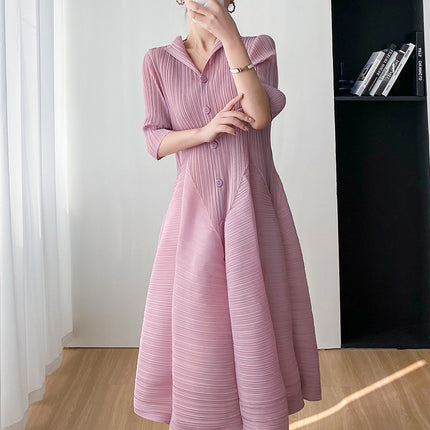 Miyake Elegant, Gentle, Elegant, Comfortable, Simple, Slim Waist Dress for Women 2023 Summer New Casual Pleats