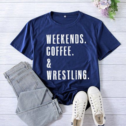 Cross-border Amazon WEEKENDS COFFEE WRESTLING printed short-sleeved women's top T-shirt European code
