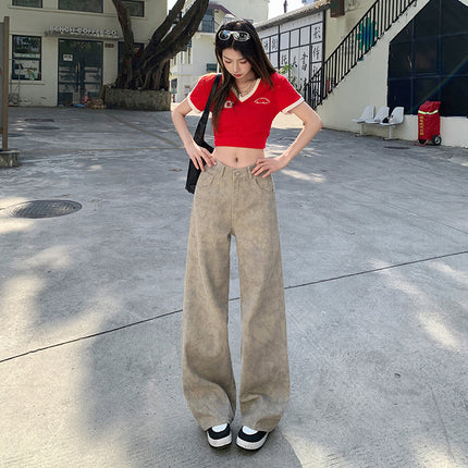 American High Street Tie-Dye Wide-Leg Jeans for Women 2025 Summer New High-Waisted Loose Slimming Look Straight Pants