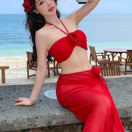Big Red Neck Swimsuit Women's Sexy Split Bikini Three-Piece Set Skirt High-Level Small Chest Hot Spring Seaside