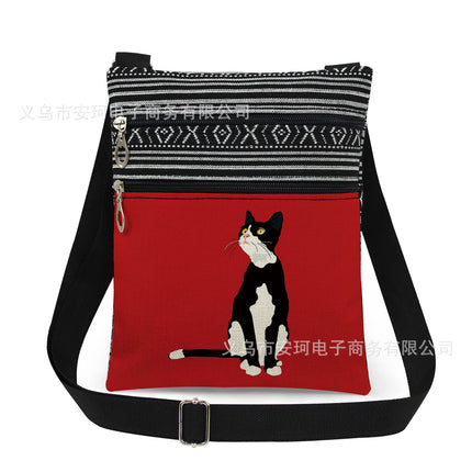 Cross-Border New Product Double Zipper Cat Print Single Shoulder Crossbody Bag Ultra-Light Cross-Border Style Messenger Bag Fashionable and Cute Women's Bag