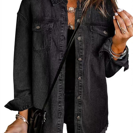 Cross-border New Washed Denim Shirt Jacket 2024 European and American Women's Autumn and Winter Distinctive Street Style Edge Hem Jacket
