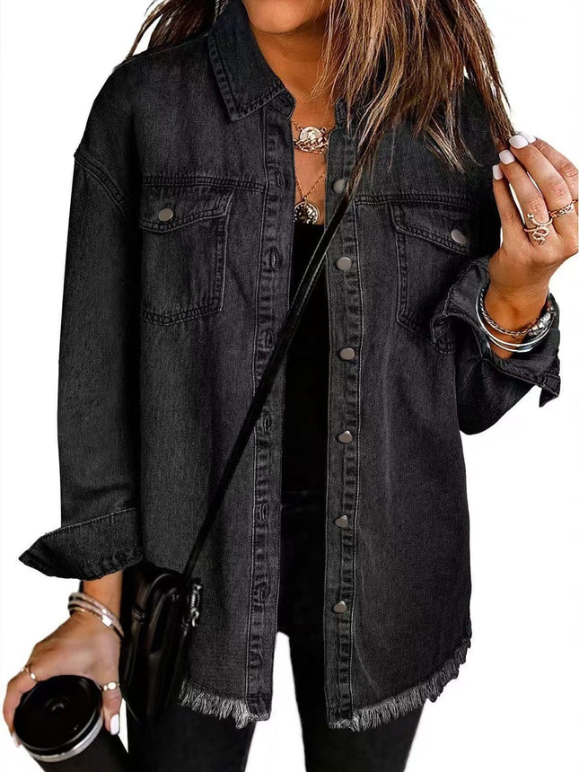 Cross-border New Washed Denim Shirt Jacket 2024 European and American Women's Autumn and Winter Distinctive Street Style Edge Hem Jacket
