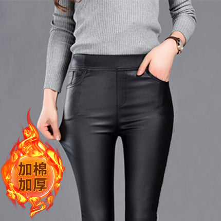 2025 Autumn and Winter Trendy Leather Pants for Women, Fleece-Lined and Thickeneded, Korean Style Tight-Fitting High-Waist Slimming Look Pants for Women, Outer Wear Leggings