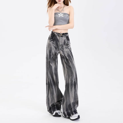Ripple Tie-Dye High-Waisted Wide-Leg Jeans for Women, Trendy and Versatile 2025 New Loose Slimming Design Long Pants
