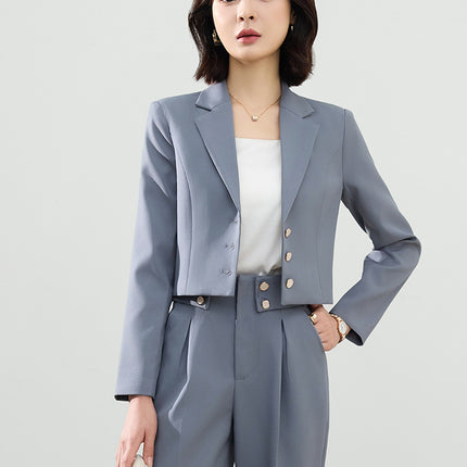 Cross-Border Gray Suit Set for Women, Spring and Autumn Short Style Professional Formal Wear, Hotel Front Desk Long-Sleeve Workwear Blazer