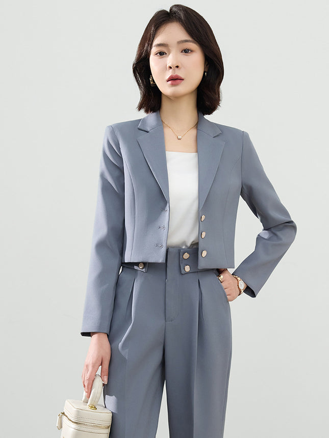 Cross-Border Gray Suit Set for Women, Spring and Autumn Short Style Professional Formal Wear, Hotel Front Desk Long-Sleeve Workwear Blazer