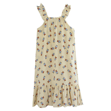Cotton Gauze Sling Nightgown Women's Summer All Cotton Thin Cute Fresh Pajamas Loose Sweet Crepe Home Clothes