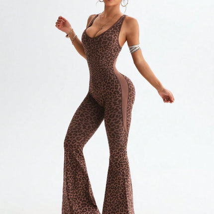 Hot-Selling Leopard Print Flared Jumpsuit in Stock, Amazon Yoga Jumpsuits, Hot-Selling Yoga Jumpsuits Wholesale