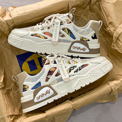 Men's Summer Mesh Breathable Versatile Casual Niche Canvas Sneakers Student Sports Height-Increasing White Trendy Shoes