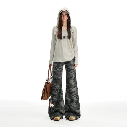 American-Style Spicy Girl Autumn New Flared Jeans for Women with a Unique Design, Camouflage High-Waisted Loose Fit, Slimming and Drapey Bootcut Pants