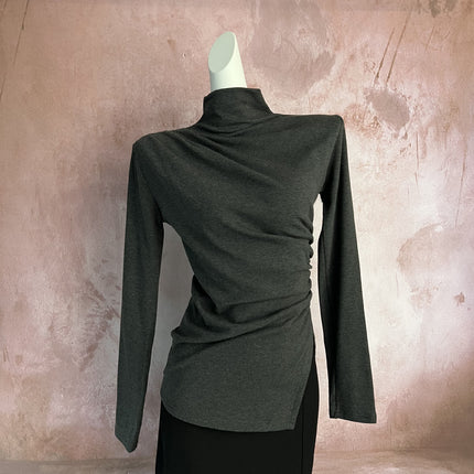 Elegant Slimming Combed Cotton Design High Collar Base Shirt Irregular Pleated Slim-fit Slimming Long-sleeved Top for Women