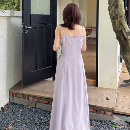 A0109 Summer New Women's Clothing Plus Size Fat mm Elegant French High-Waisted Waist-Cinching Pleated Spaghetti Strap Dress-Bfd