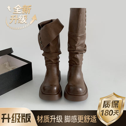 Maillard Brown Long Boots for Women 2025 New Spring and Autum Thick-Soled Retro High Knight Boots Pile Boots