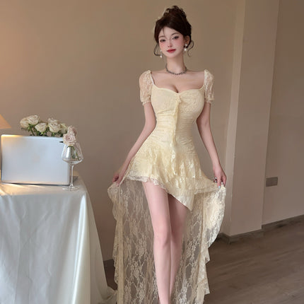 Nightclub Clothes 9210 Sexy Lace Female Technician Long Skirt Ladylike Elegant Cut Out Asymmetrical Low-Cut Dress