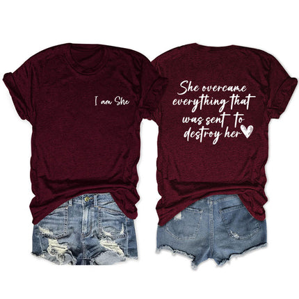 Amazon double-sided printed summer round neck short sleeve she overcame everthing loose all-match T-shirt