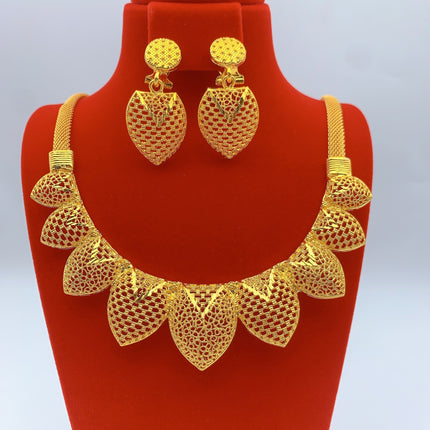 Imitation gold flower necklace earrings suit Dubai India Nigeria brass gold plated women wedding jewelry lot