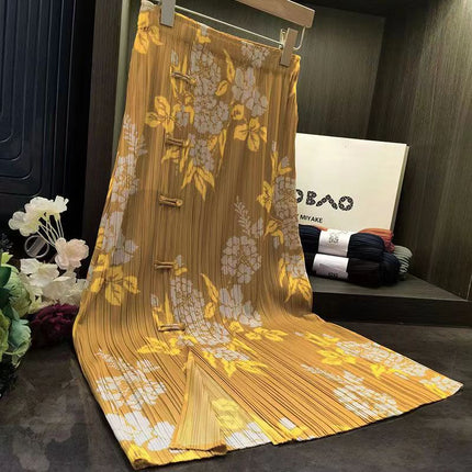 New Chinese-style Miyake Ruffled and Pressed Elastic Waist Stretch Vent Printed Buckle Mid-length Pencil Skirt Women's Skirt