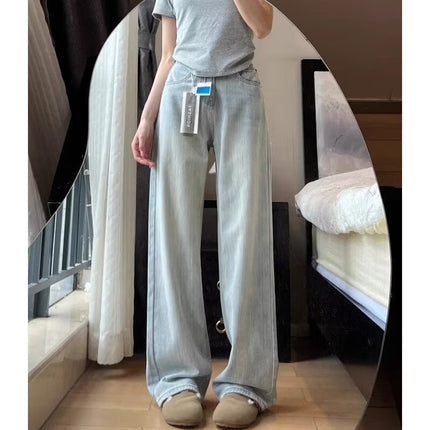 Light Color Jeans Women's Autumn Thin plus size chubby girl High Waist Slimming Loose Straight Leg Pants Texture Light Luxury Pants