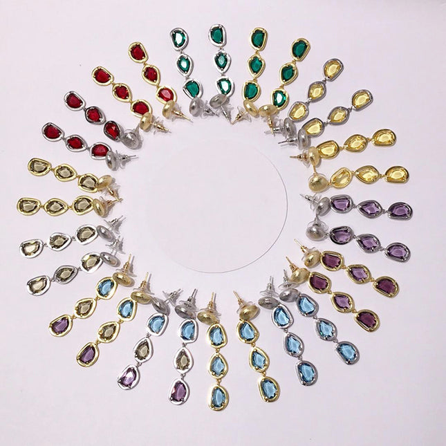 European and American Fashion Quicksand Gold and Silver Colorfuled Crystal Asymmetrical Multi-Faceted Colorfuled Stone Earrings Cold Style Earrings