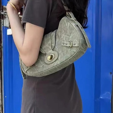 American Style Retro Army Green Shoulder Underarm Bag 2024 Summer New Fashion Distinctive All-match Hot Girl Bag Handbag