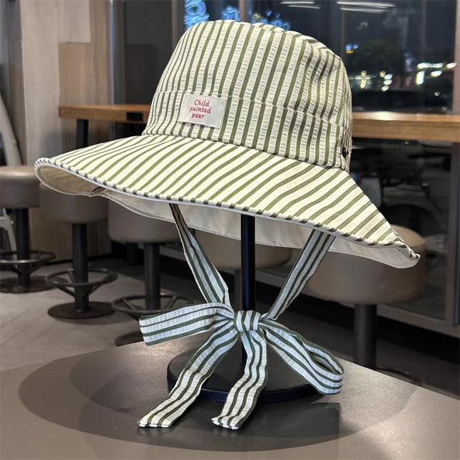 Korean Style Striped Fisherman Hat for Women, Summer Wide-Brim Sun Protection Webbing Fashion Sun Hat for Outdoor Hiking Camping Mountaineering