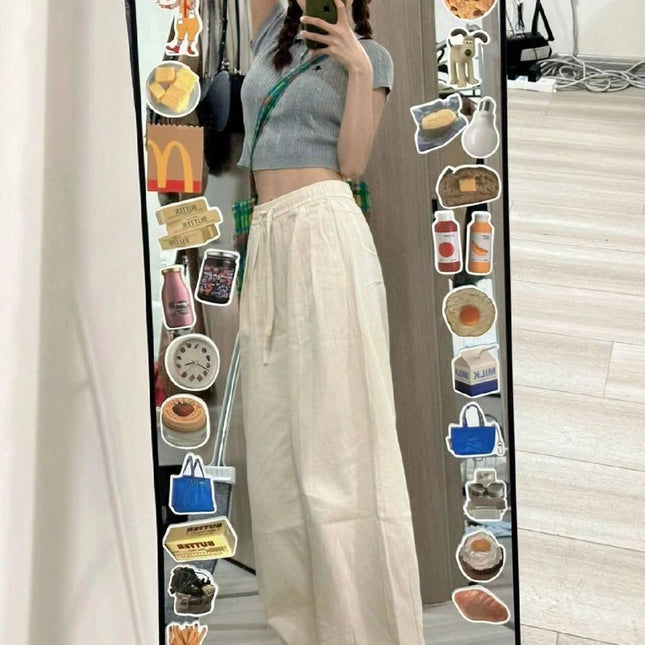 American-Style Work Pants, Retro Straight-Leg Pants, High-Waisted Slimming Drawstring Pants, Loose Wide-Leg Drapey Casual Sports Pants for Petite Individuals