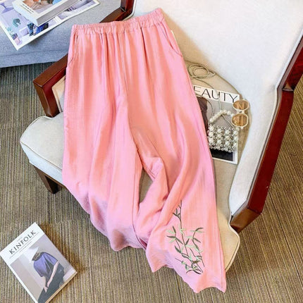 Loose-Fitting Cotton and Linen Embroidered Wide-Leg Pants for Women, Summer Pants, Slimming High-Waisted Thin Straight-Leg Casual Pants for Women