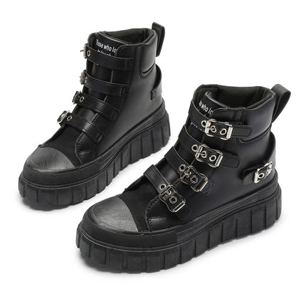 Cross-Border 2025 Autumn and Winter New Thick-Soled Heightening Large Size Short Boots for Women, Simple and Versatile Metal Buckle Women's Boots