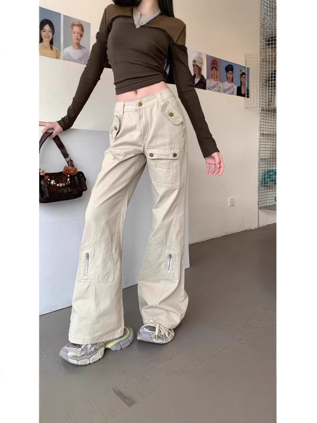 American-style micro-pants overalls women's 2025 spring and autumn new high waist slimming multi-pocket non-leg mop jeans trendy