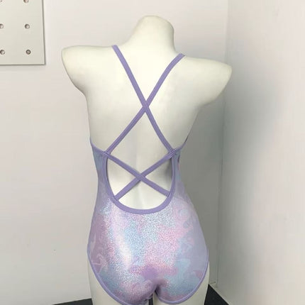 Colorful 2025 New Racing One-Piece Swimsuit for Women, Starry Sky Purple Glittering Fixed Breast Cup Swimming Pool Special Swimsuit