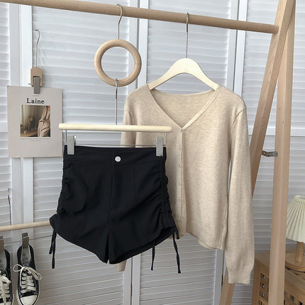 Summer High Waist Slimming Drawstring Casual Pants Hot Pants Hot Pants Hot Girl Shorts Women's Small Design Sense Niche Black Pants