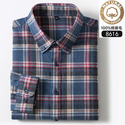 Autumn and Winter New Pure Cotton Brushed Long-Sleeved Shirts for Young and Middle-Aged Plaid Casual Business Men's Shirts Popular on Douyin