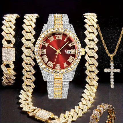Hiphop Hip Hop Diamond Watch Five-Piece Diamond Cuban Chain Cross Necklace Cuban Ring Cross Border Wholesale