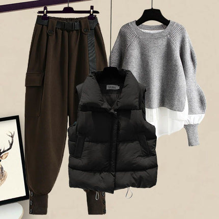 plus size women's autumn and winter suit women's 2024 new wear western style vest shirt slim cargo pants three-piece set
