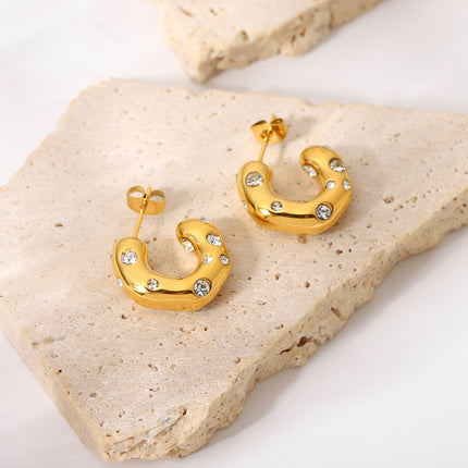 European and American Ins Irregular Hammered Zircon C-Shaped Hoop Earrings 18K Gold-Plated Stainless Steel Earrings Women's Geometric Hammered Earrings