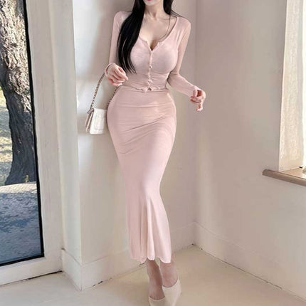 South Korea's Dongdaemun Shows Off Her Figure, Sexy and Busty, Tight-Fitting Short Long-Sleeved Cardigan + Fishtail Skirt Suit for Women