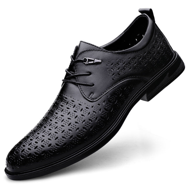Summer men's first layer cowhide hollow leather shoes breathable round head new office casual men's holed thick-soled leather shoes