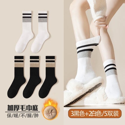 Socks Women's Autumn and Winter Mid-length Socks fleece-lined Thickened Warm terry Towel Bottom Cotton Socks High-tube Fashionable Women's Stockings