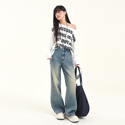 Beige Machete Wide Leg Jeans Women's Autumn and Winter 2024 New Straight Loose High Waist Dosing Slimming Mop Pants