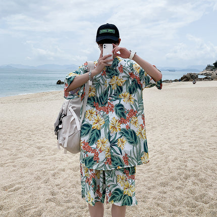 Cross-border 2023 Summer Beach Youth Color Printed Shirt Set Men's Multi-color Loose Shorts Shirt Set