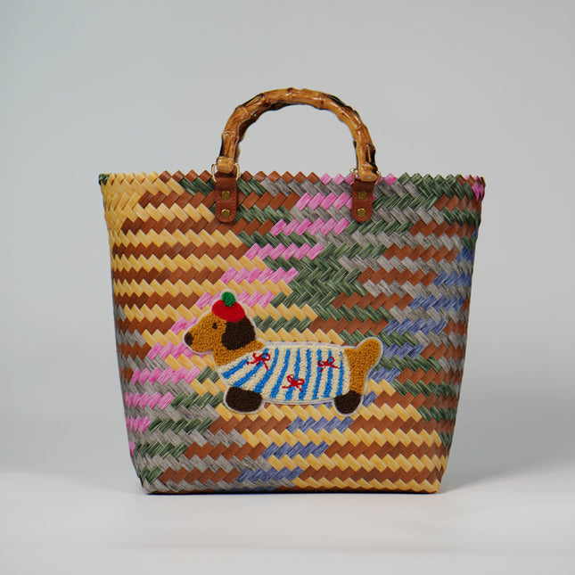 Dachshund Puppy Vegetable Basket Woven Bag Work Commuter Bag Portable Vegetable Basket Rattan Beach Bag Colorful Bag