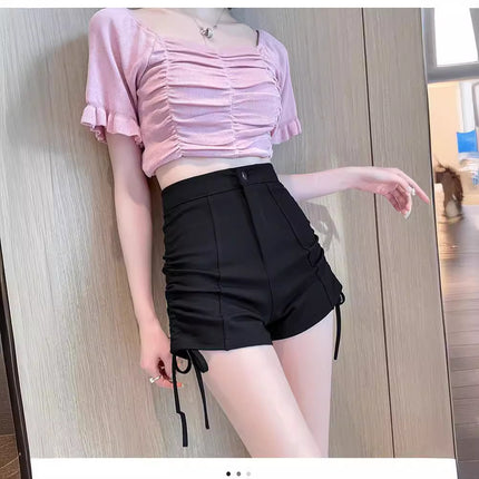 Summer High Waist Slimming Drawstring Casual Pants Hot Pants Hot Pants Hot Girl Shorts Women's Small Design Sense Niche Black Pants
