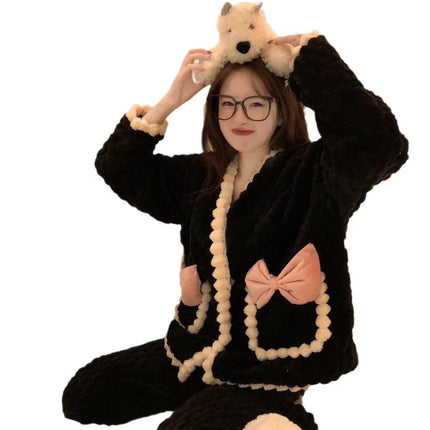 Flannel Autumn and Winter Pajamas Women's Sweet Internet Popular Ins Style Chanel Style Warm Long Sleeve Coral Fleece Home Clothes suit