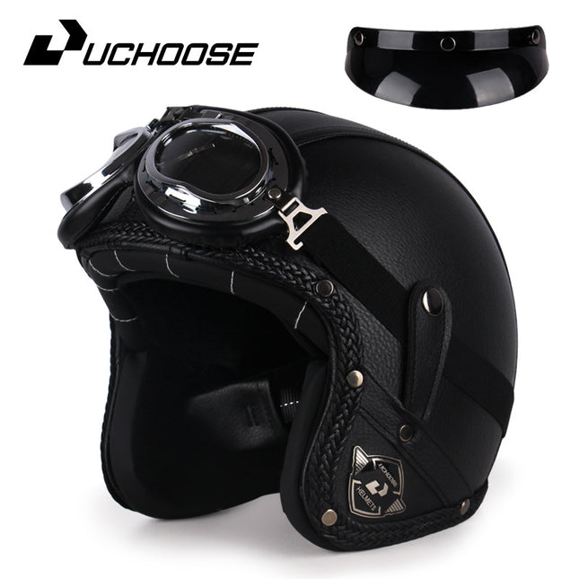 Four Seasons Retro Harley Helmet Leather Electric Vehicle 3/4 Half Helmet Big Turtle King Scooter Motorcycle Helmet