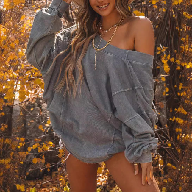 Trendy European and American Style Women's Sweatshirt, Brushed Autumn New Long-Sleeve Simple Ribbed Cuffs Loose Solid Color Women's Top