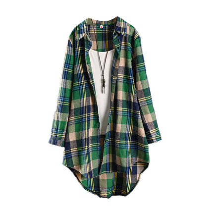 Cotton Linen Shirt Women's Mid-length Spring and Summer Vintage Thin Coat Loose Green Plaid Shirt Design Chic Top