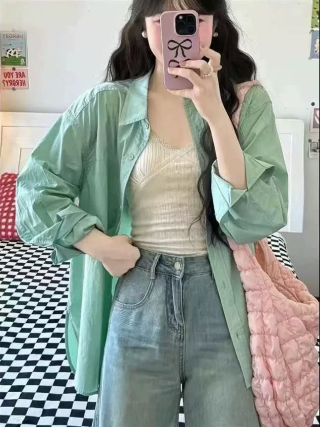 2025 Spring New Small Fresh Lake Green Cotton Long-sleeved Shirt Women's Loose All-match Slimming Shirt Cardigan Summer