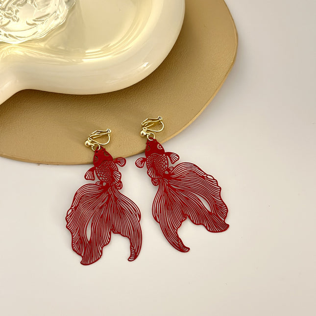 Chinese Style New Year series Red Koi earrings earrings mosquito coil ear clip painless without pierced ears